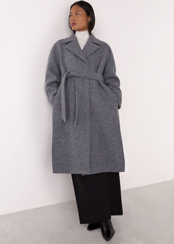Grey Petite Long Belted Wool Coat